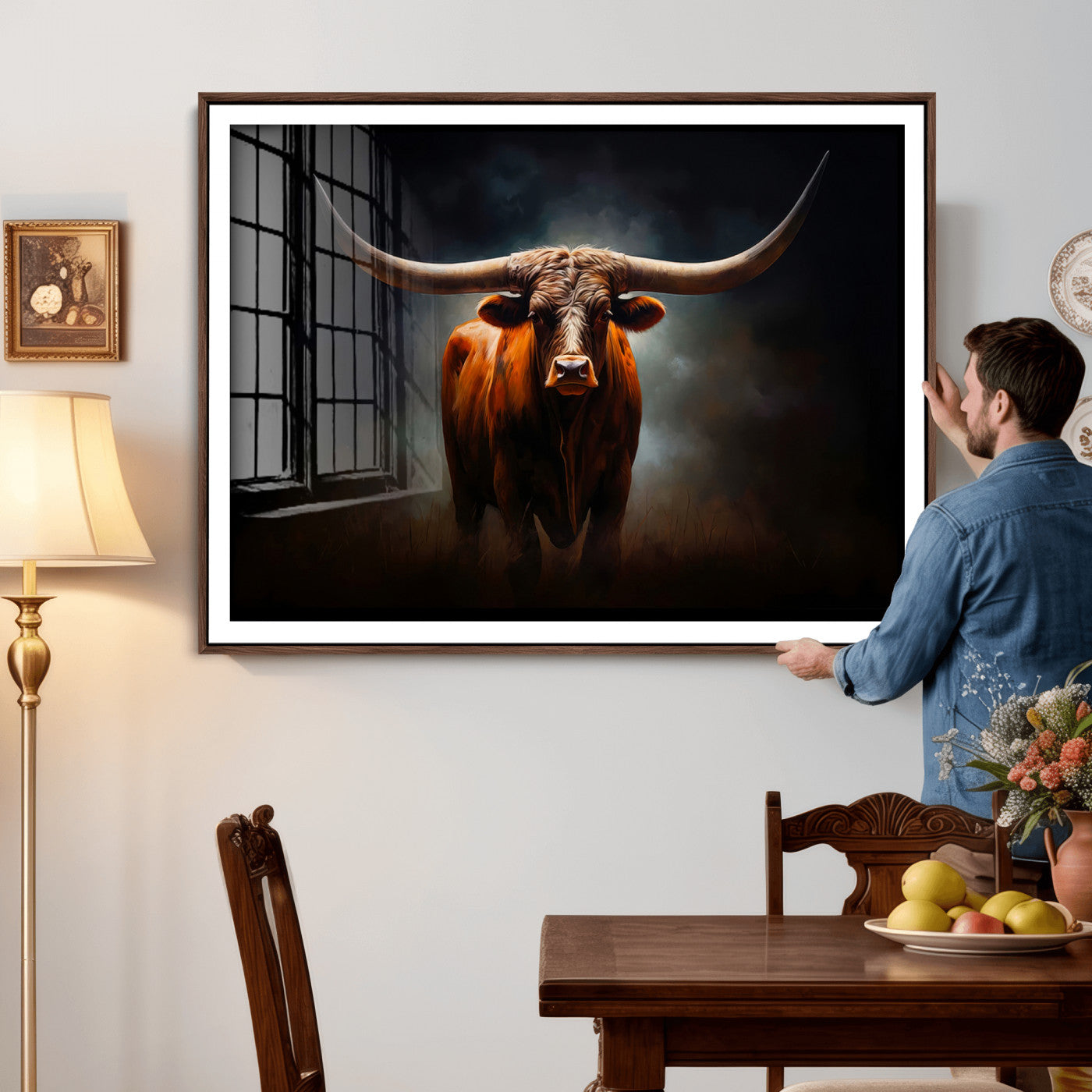 48896-MGV-CV-36X24 - Abstract Texas Longhorn Wall Art Print | 3-Panel Large Texas Longhorn Canvas Print for Living Room,