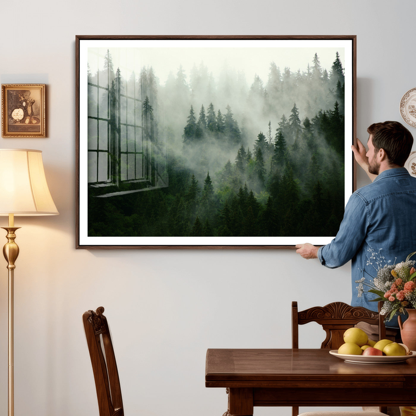 167720496-MGV-CV-36X24 - Misty Forest Mountain Wall Art Canvas | Large 3-Panel Foggy Landscape Canvas Print | Nature Misty