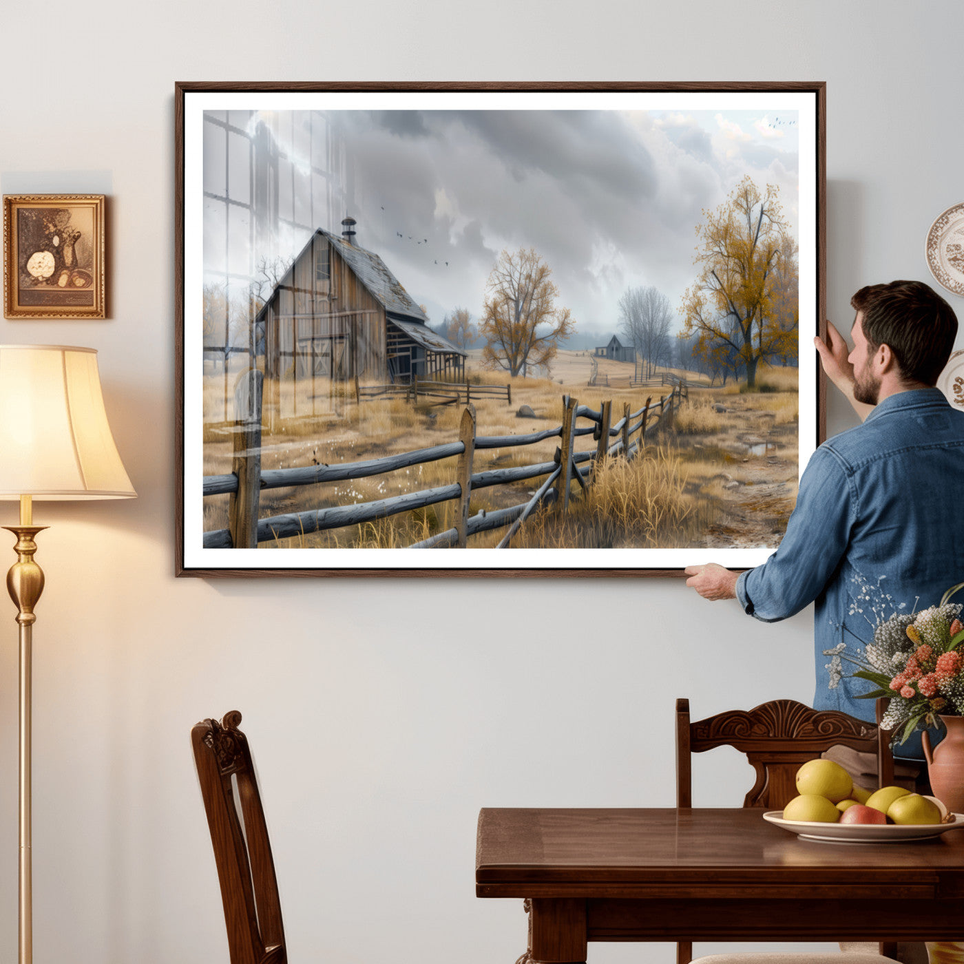 Farm1-MGV-CV-36X24 - Rustic Autumn Farmhouse Wall Art Canvas Print – Serene Countryside Scene with Weathered Barn and