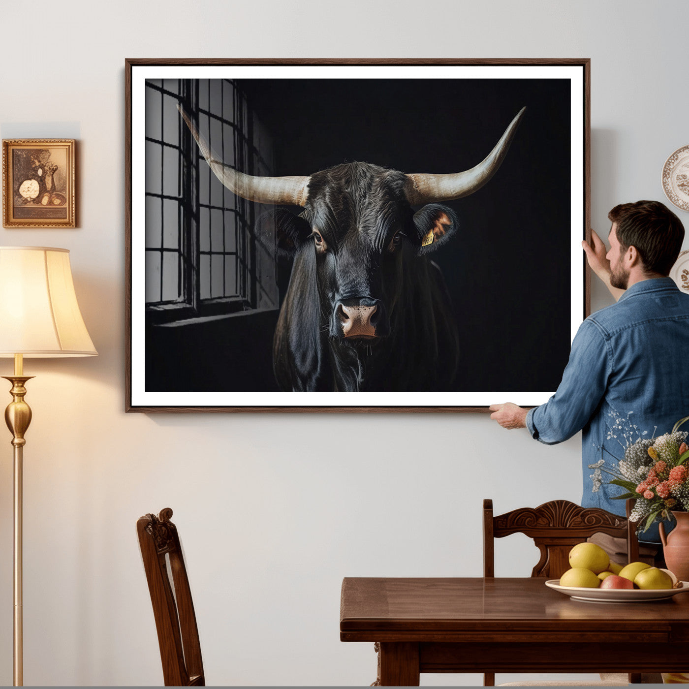 48065167-MGV-CV-36X24 - Texas Longhorn Bull Wall Art Canvas Print – Western Black Bull Art Print for Farmhouse Ranch Decor