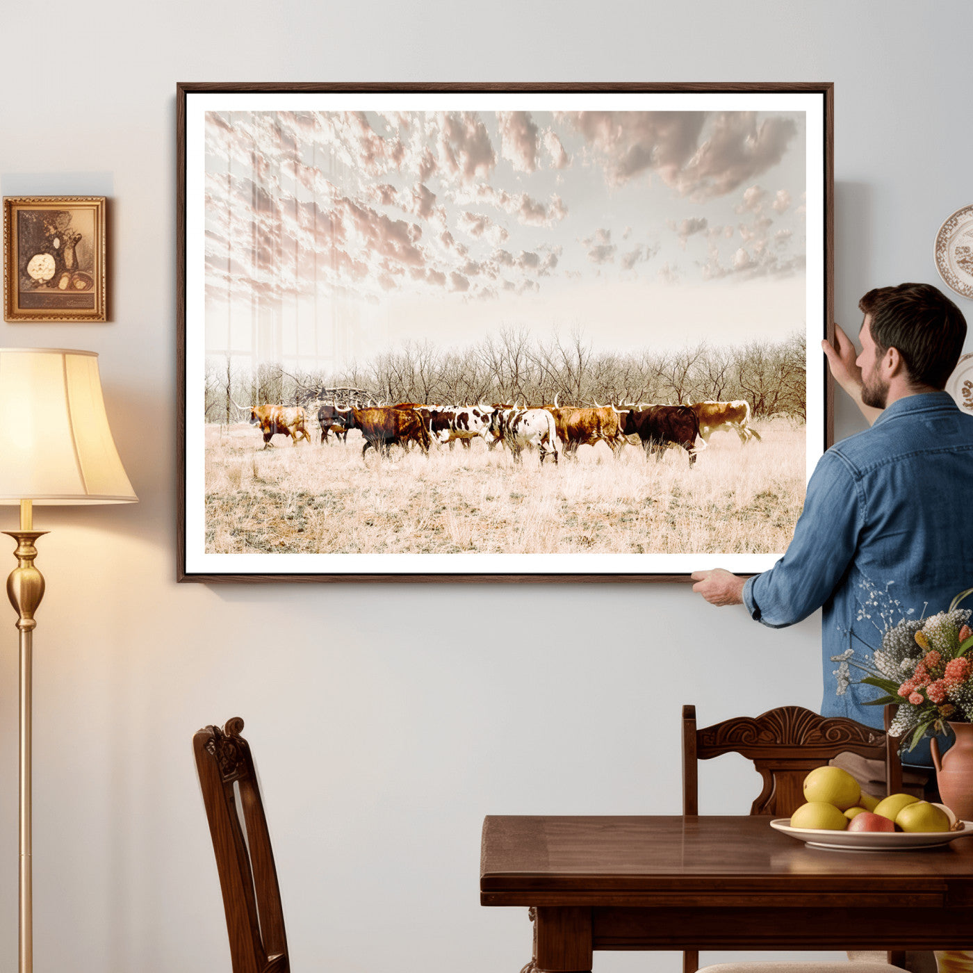 64892775-MGV-CV-36X24 - Longhorn Cattle Wall Art Canvas Print, Framed Texas Ranch Art Picture Print, Western Cow Perfect Western Decor Artwork