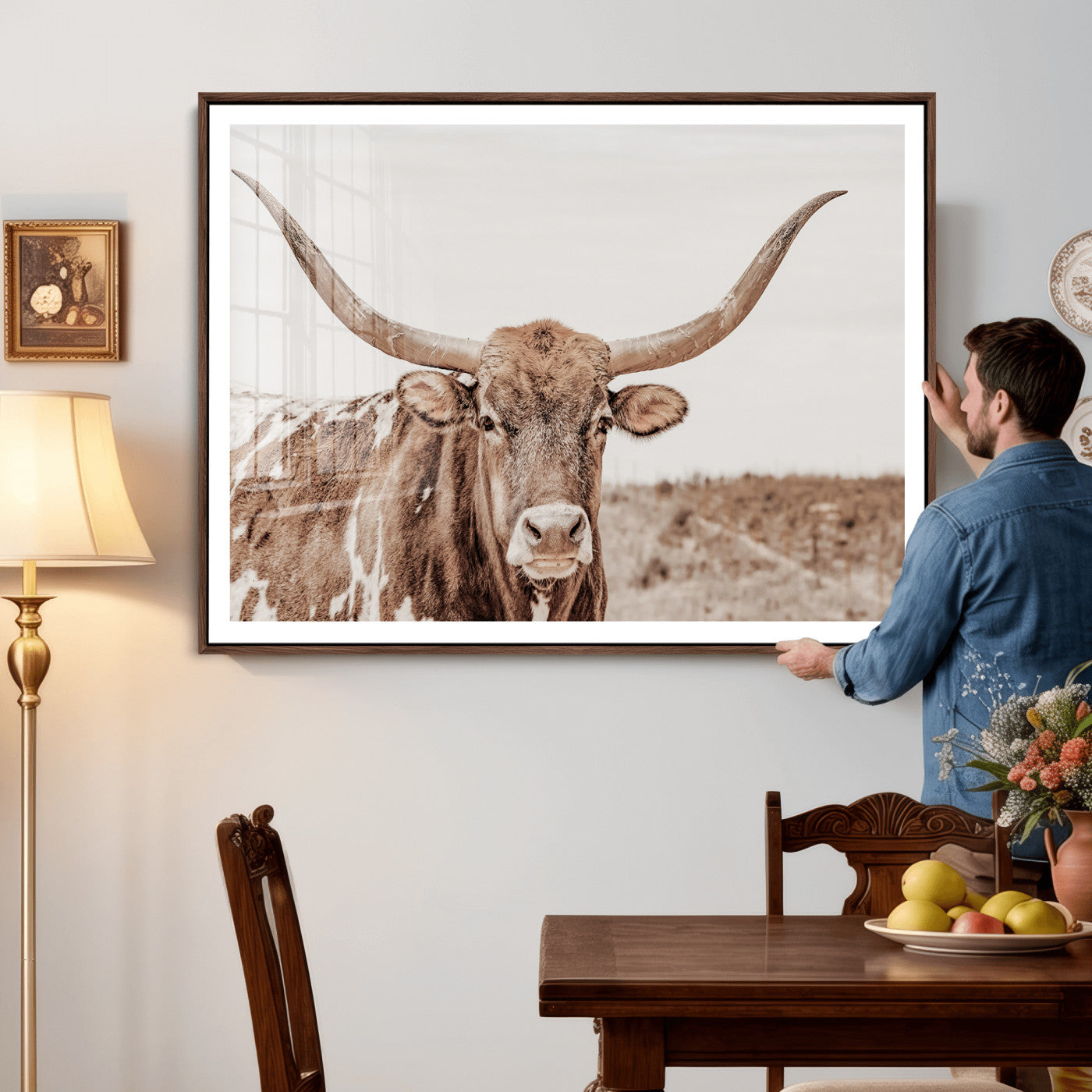 39964150-MGV-CV-36X24 - Longhorn Cow Wall Art Canvas Print, Texas Ranch Print, Framed Western Bull Art Print, Large BigHorn Cowboy Printing Perfect for County Decor