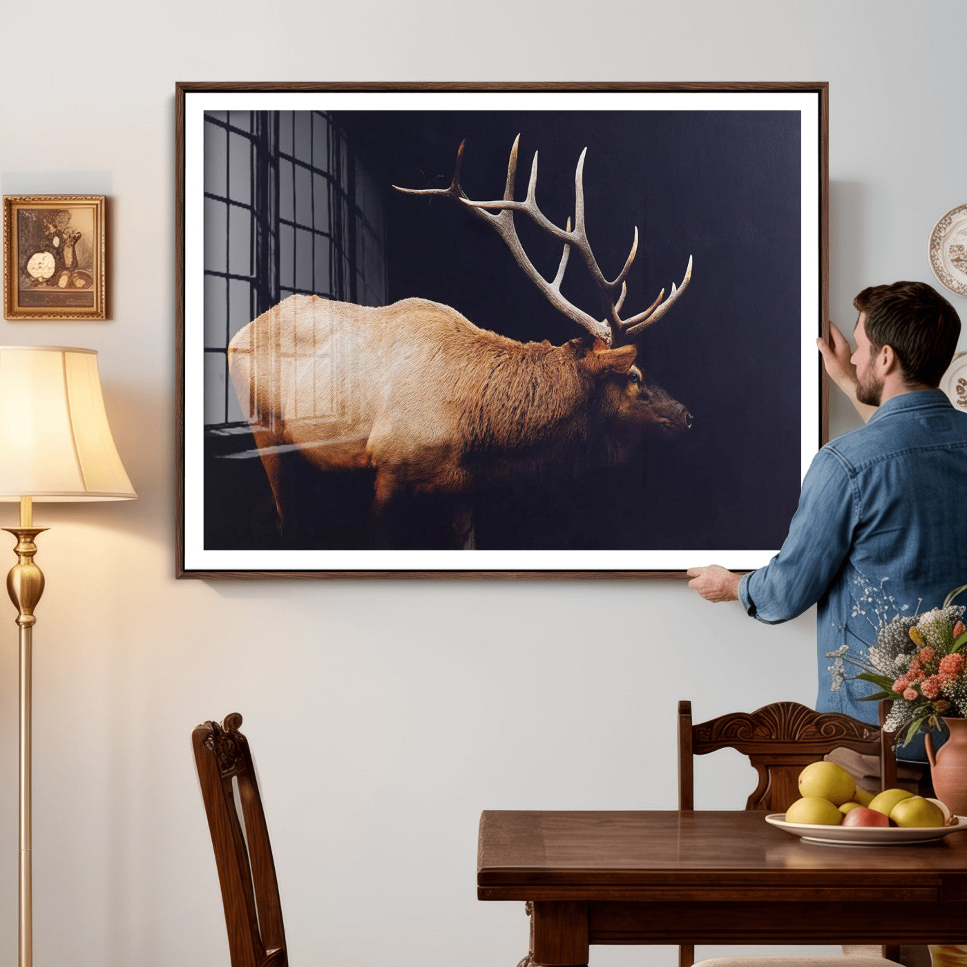 89239257-MGV-CV-36X24 - Rustic Elk Wall Art Canvas Print – Framed Moody Wildlife Art Picture Western Animal Artwork for Home, Office Decor