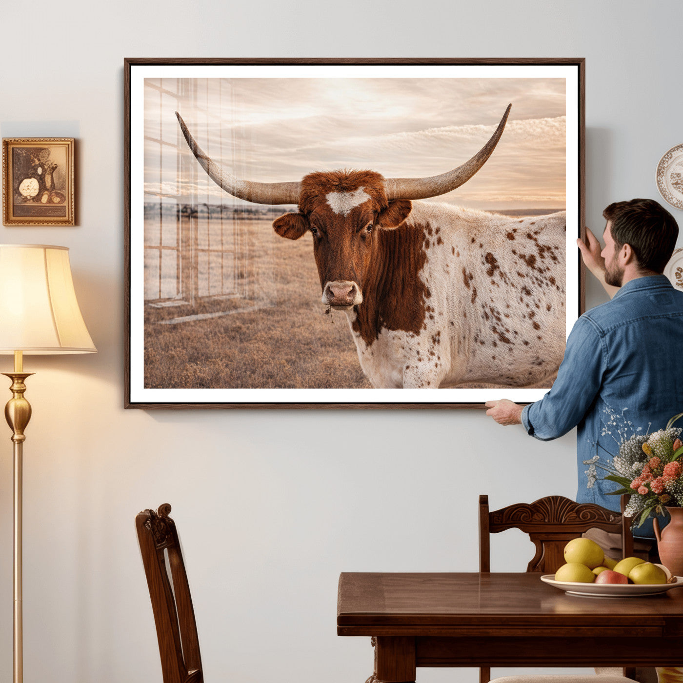 95745718-MGV-CV-36X24 - Longhorn Cow Wall Art – Texas Bull Canvas Print, Rustic Farm Cattle Photography, Western Animal Decor for Country Home, Living Room or Game Room