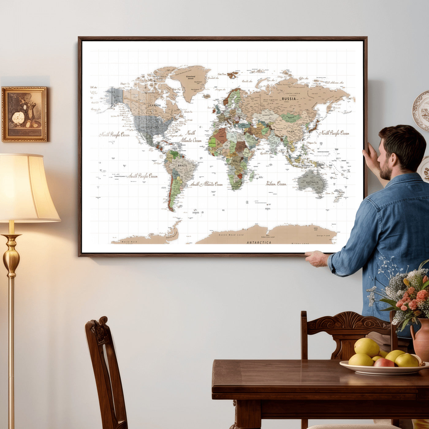 91286788-MGV-CV-36X24 - World Map Wall Art Canvas Print, Modern Decorative Framed Map Artwork Prints for Living Room, Office, Bedroom Wall Decor