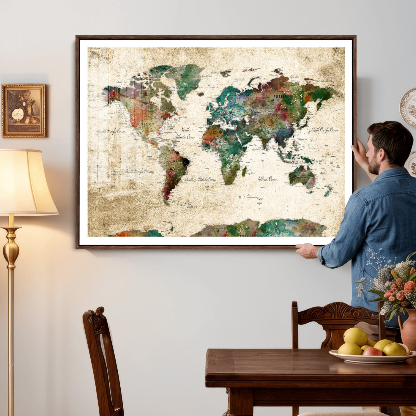 87544591-MGV-CV-36X24 - World Map Wall Art Canvas Print, Modern Decorative Framed Map Artwork Prints for Living Room, Office, Bedroom Wall Decor
