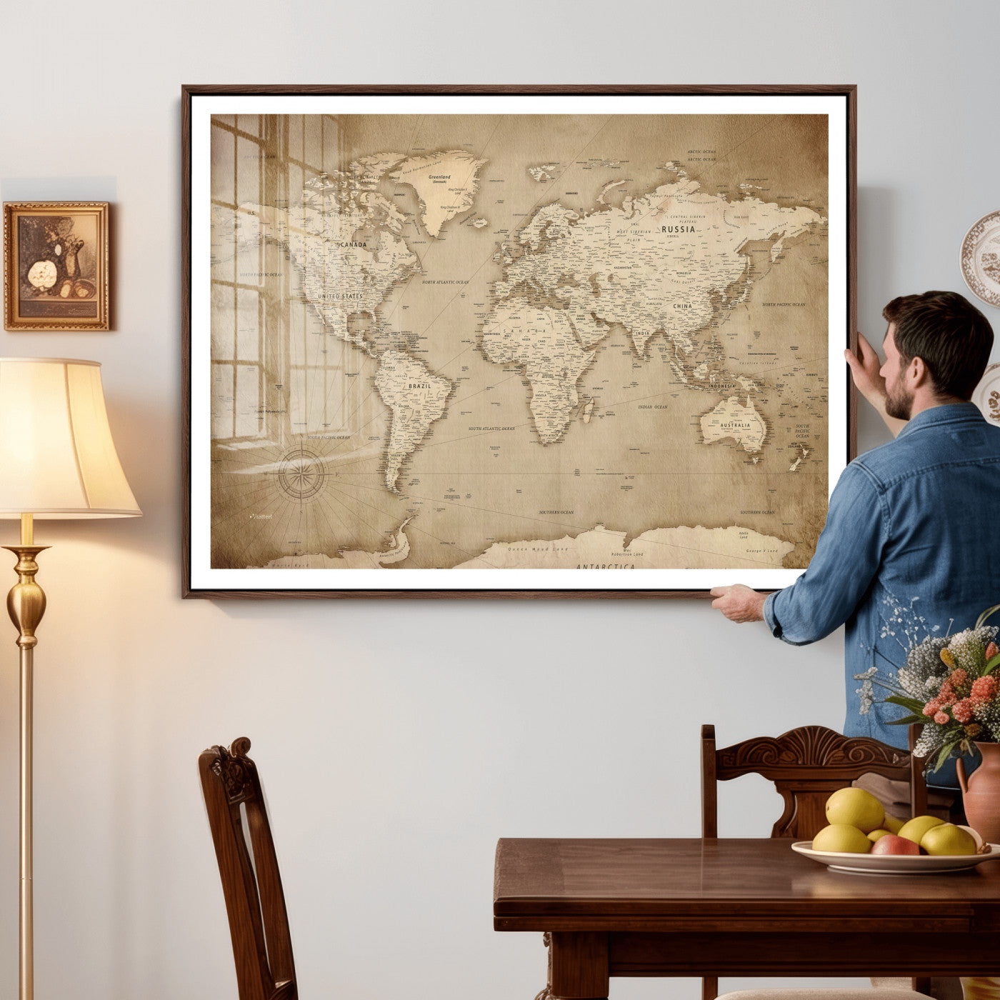 34795134-MGV-CV-36X24 - World Map Wall Art Canvas Print, Modern Decorative Framed Map Artwork Prints for Living Room, Office, Bedroom Wall Decor