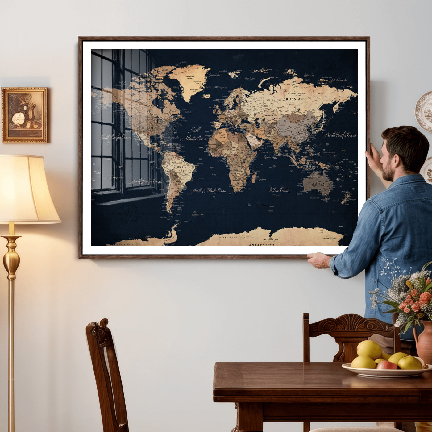 53971530-MGV-CV-36X24 - World Map Wall Art Canvas Print, Modern Decorative Framed Map Artwork Prints for Living Room, Office, Bedroom Wall Decor