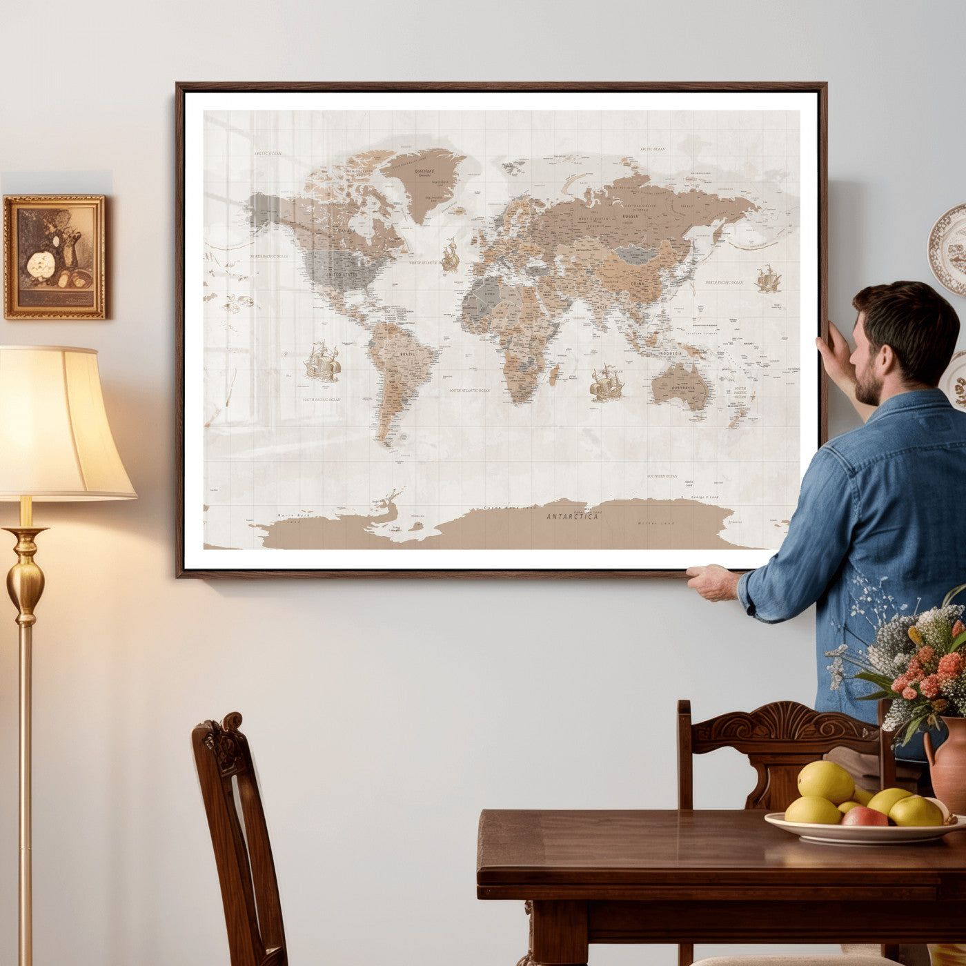 85057279-MGV-CV-36X24 - World Map Wall Art Canvas Print, Modern Decorative Framed Map Artwork Prints for Living Room, Office, Bedroom Wall Decor