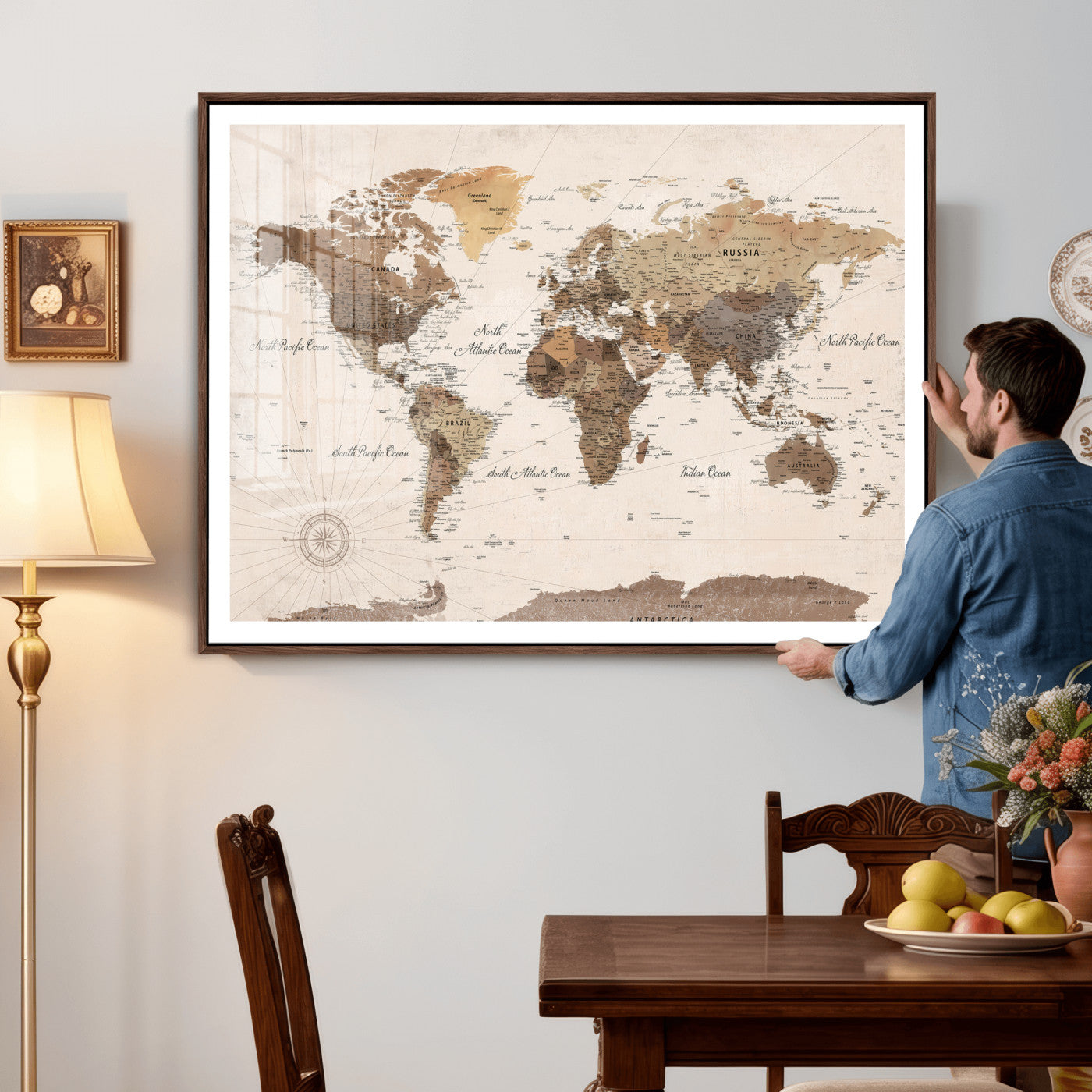 69860078-MGV-CV-36X24 - World Map Wall Art Canvas Print, Modern Decorative Framed Map Artwork Prints for Living Room, Office, Bedroom Wall Decor