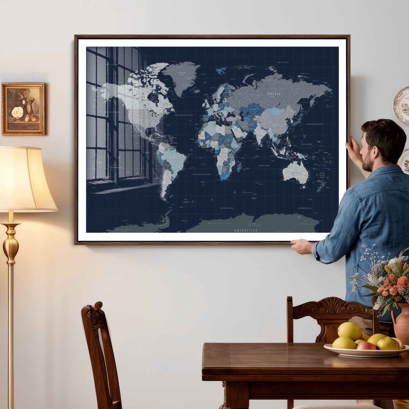 17712680-MGV-CV-36X24 - World Map Wall Art Canvas Print, Modern Decorative Framed Map Artwork Prints for Living Room, Office, Bedroom Wall Decor