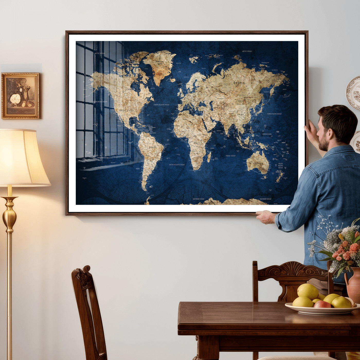 57503519-MGV-CV-36X24 - World Map Wall Art Canvas Print, Modern Decorative Framed Map Artwork Prints for Living Room, Office, Bedroom Wall Decor