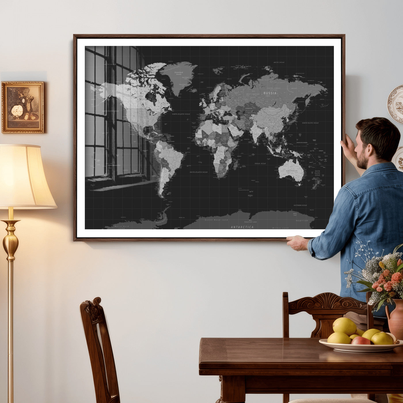 46160121-MGV-CV-36X24 - World Map Wall Art Canvas Print, Modern Decorative Framed Map Artwork Prints for Living Room, Office, Bedroom Wall Decor