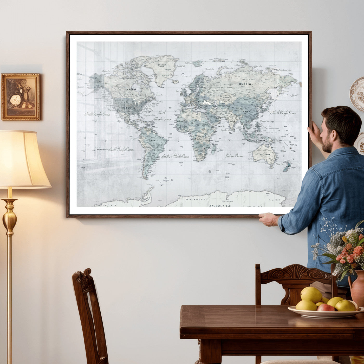 71091917-MGV-CV-36X24 - World Map Wall Art Canvas Print, Modern Decorative Framed Map Artwork Prints for Living Room, Office, Bedroom Wall Decor