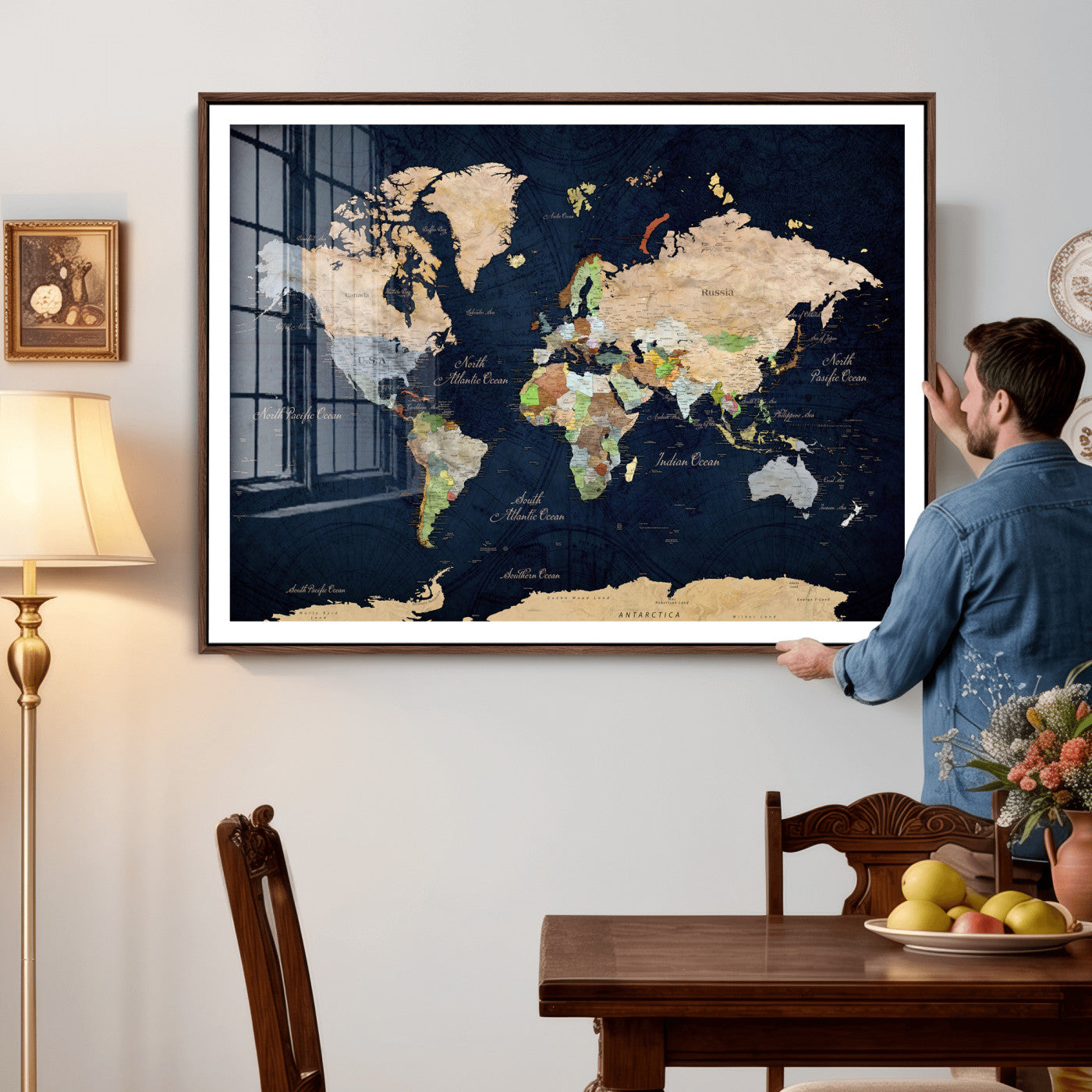 76603563-MGV-CV-36X24 - World Map Wall Art Canvas Print, Modern Decorative Framed Map Artwork Prints for Living Room, Office, Bedroom Wall Decor