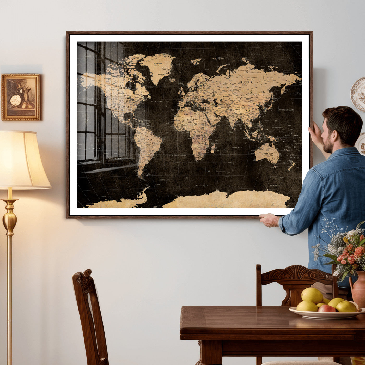 17790470-MGV-CV-36X24 - World Map Wall Art Canvas Print, Modern Decorative Framed Map Artwork Prints for Living Room, Office, Bedroom Wall Decor