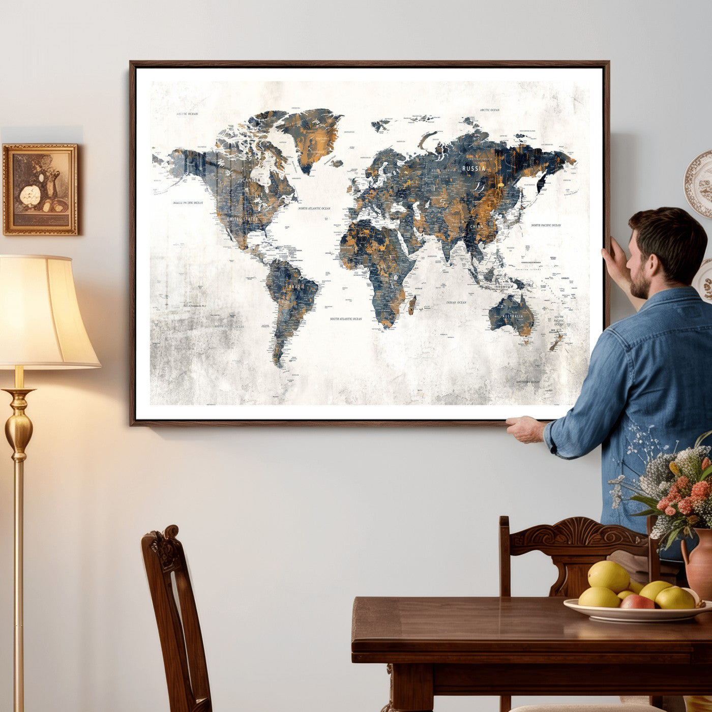 52451147-MGV-CV-36X24 - World Map Wall Art Canvas Print, Modern Decorative Framed Map Artwork Prints for Living Room, Office, Bedroom Wall Decor