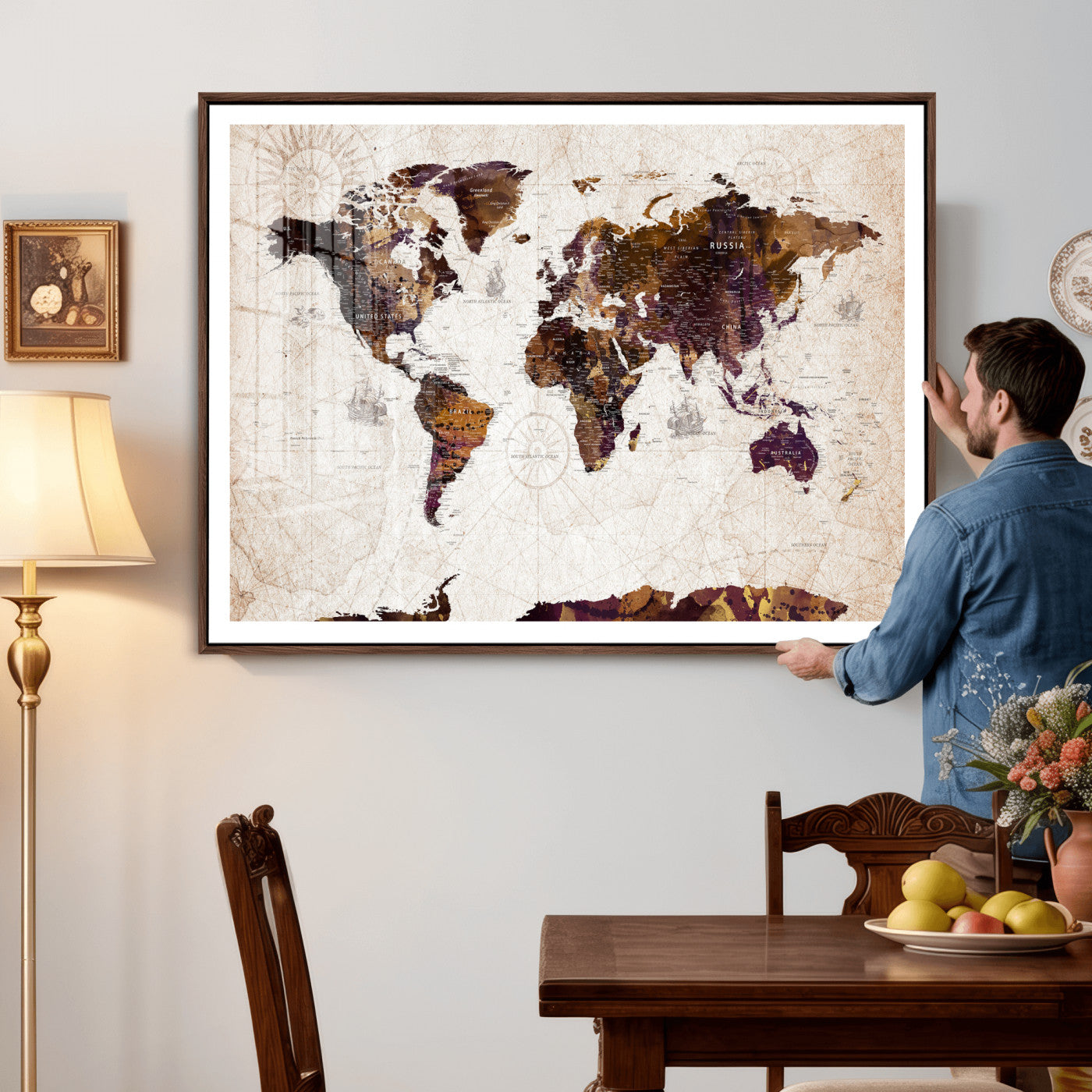 53400857-MGV-CV-36X24 - World Map Wall Art Canvas Print, Modern Decorative Framed Map Artwork Prints for Living Room, Office, Bedroom Wall Decor