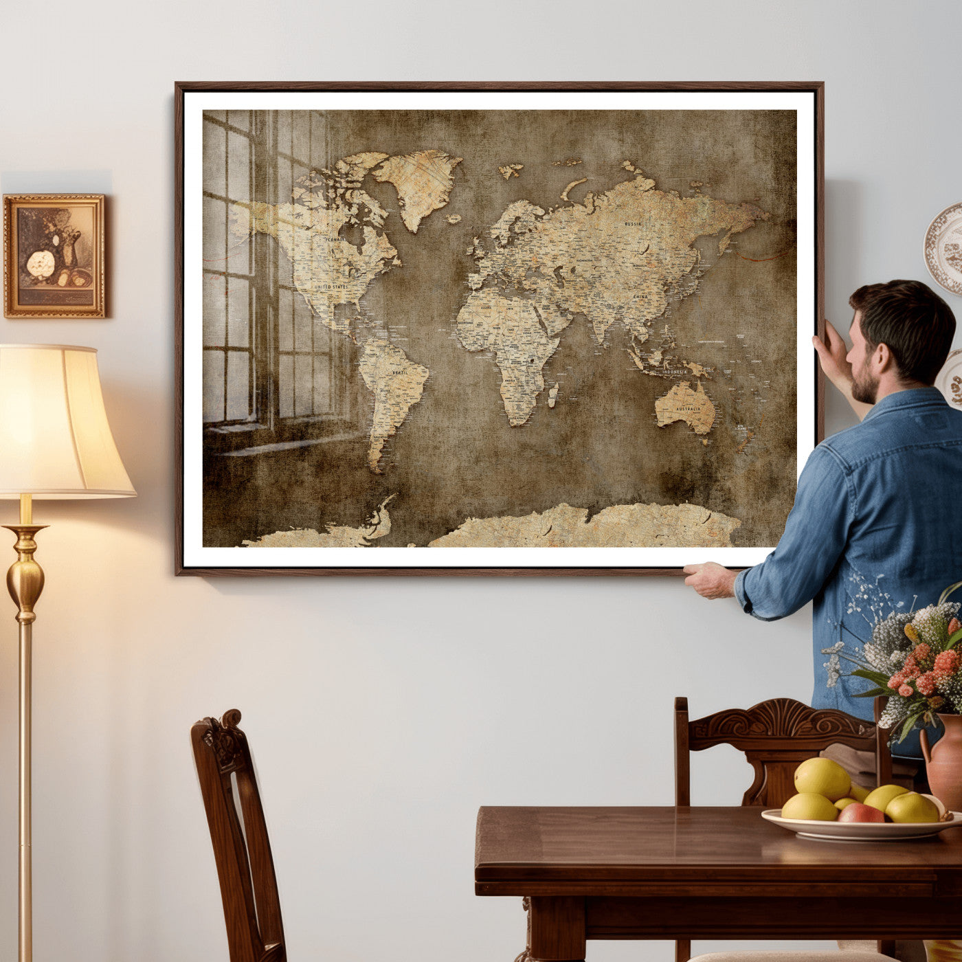 35847542-MGV-CV-36X24 - World Map Wall Art Canvas Print, Modern Decorative Framed Map Artwork Prints for Living Room, Office, Bedroom Wall Decor