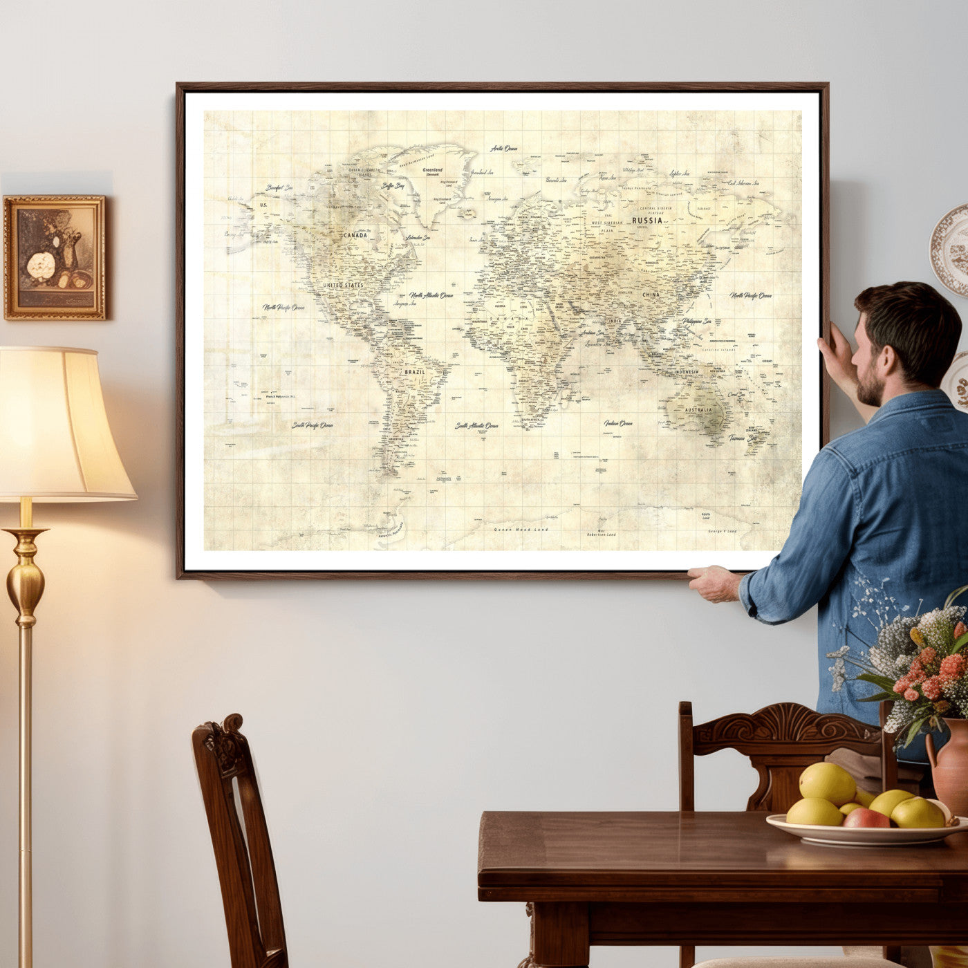17101439-MGV-CV-36X24 - World Map Wall Art Canvas Print, Modern Decorative Framed Map Artwork Prints for Living Room, Office, Bedroom Wall Decor