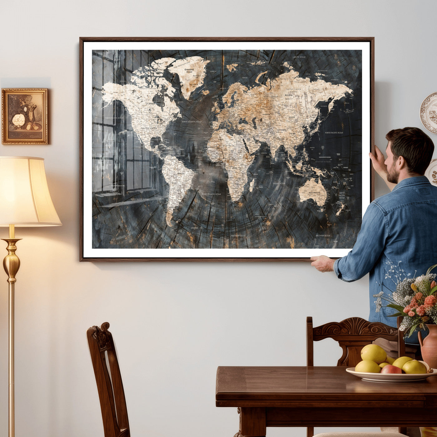 89162112-MGV-CV-36X24 - World Map Wall Art Canvas Print, Modern Decorative Framed Map Artwork Prints for Living Room, Office, Bedroom Wall Decor