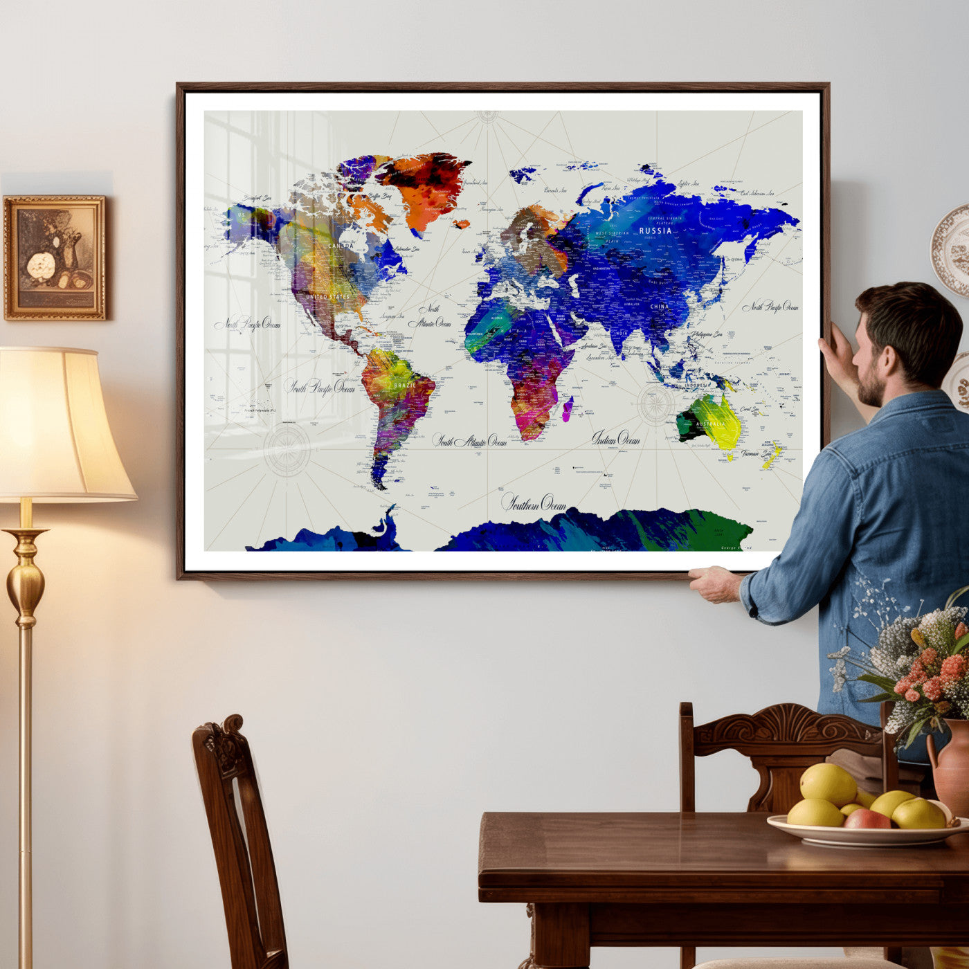 49670038-MGV-CV-36X24 - World Map Wall Art Canvas Print, Modern Decorative Framed Map Artwork Prints for Living Room, Office Decor