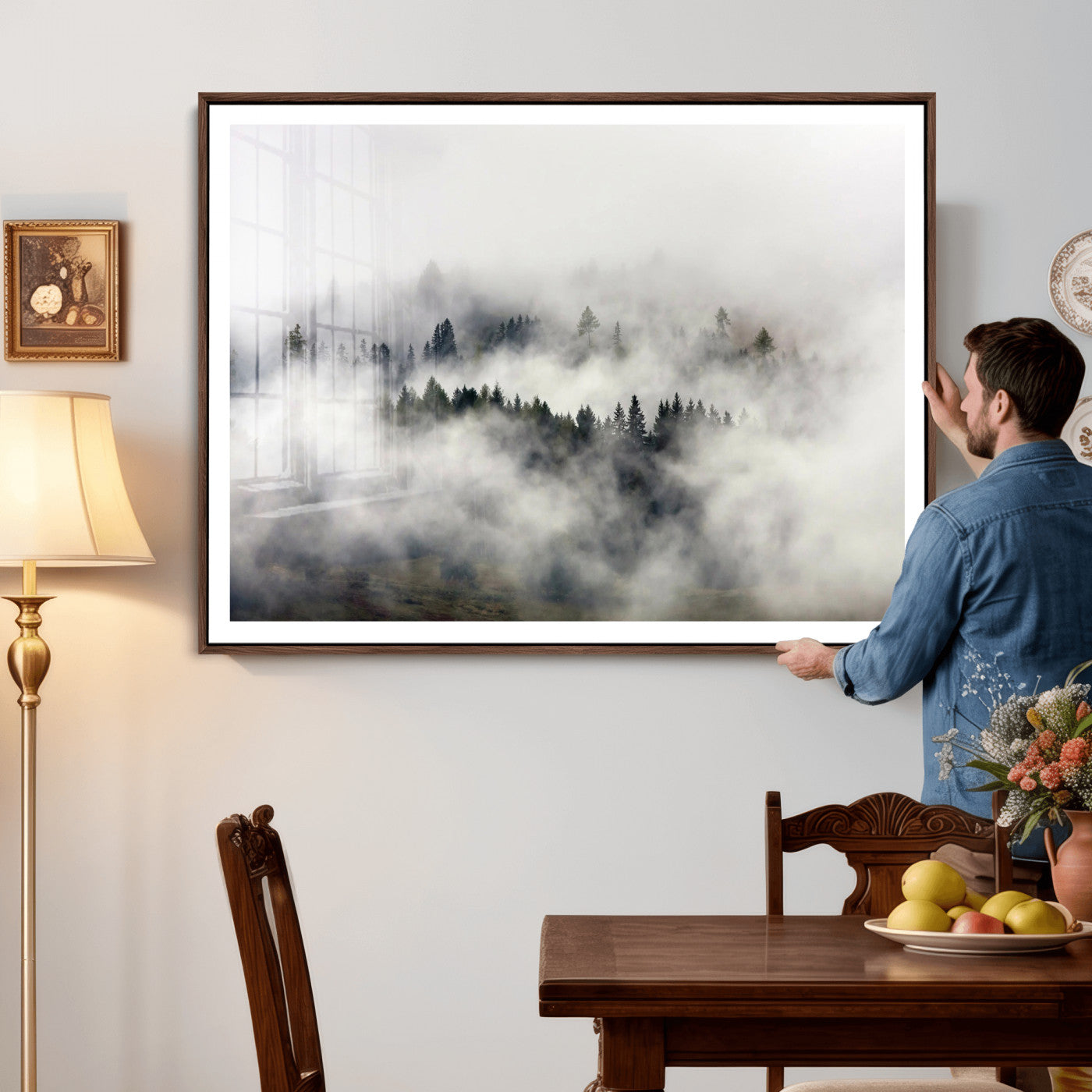 63235457-MGV-CV-36X24 - Foggy Forest Wall Art Canvas Print, Misty Pine Tree Landscape Wall Art Print, Framed Wall Art Ready to Hang
