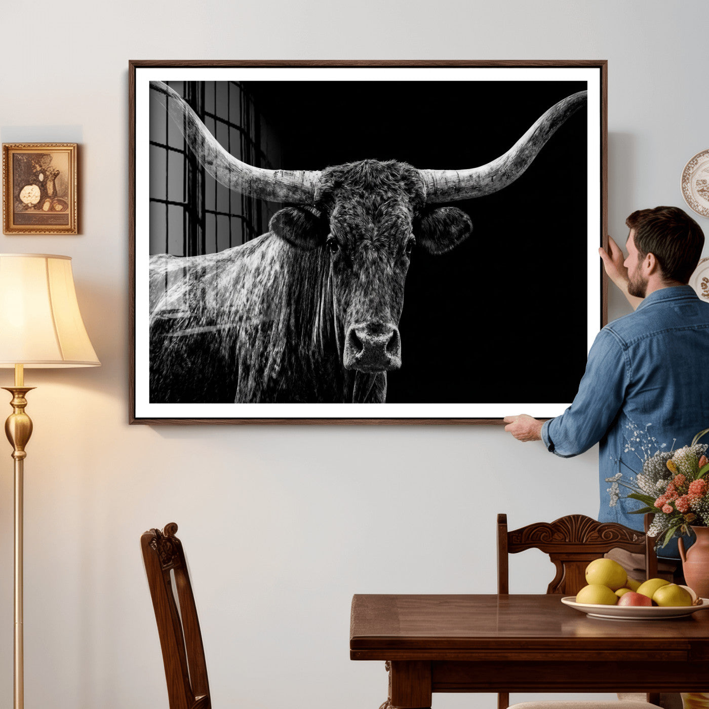 86568508-MGV-CV-36X24 - Vintage Texas Longhorn Bull Wall Art Canvas Print, Texas Cow Portrait Print, Framed Bull Wall Art Ready to Hang