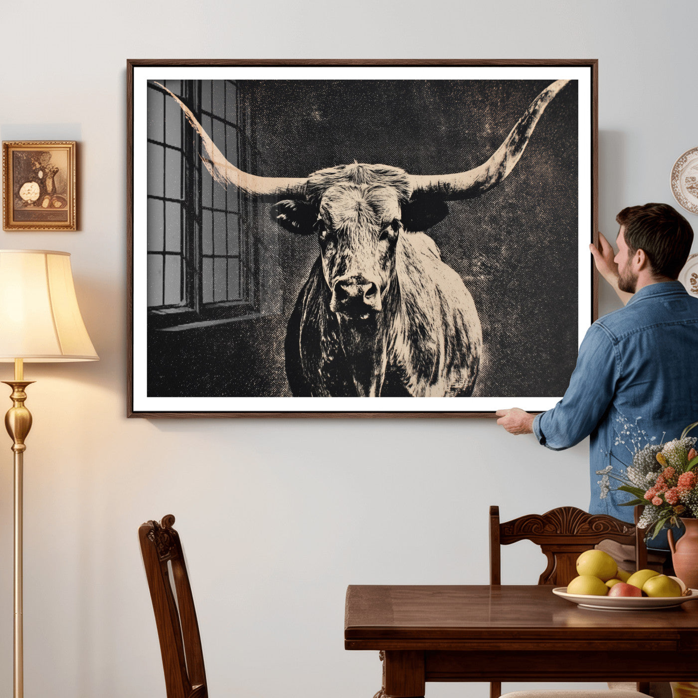 27394218-MGV-CV-36X24 - Vintage Texas Longhorn Bull Wall Art Canvas Print, Cow Portrait Photography Print, Framed Wall Art Ready to Hang
