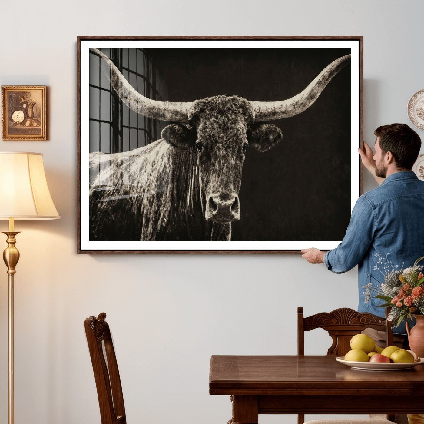 74513721-MGV-CV-36X24 - Vintage Texas Longhorn Bull Wall Art Canvas Print, Cow Portrait Photography Print, Framed Wall Art Ready to Hang