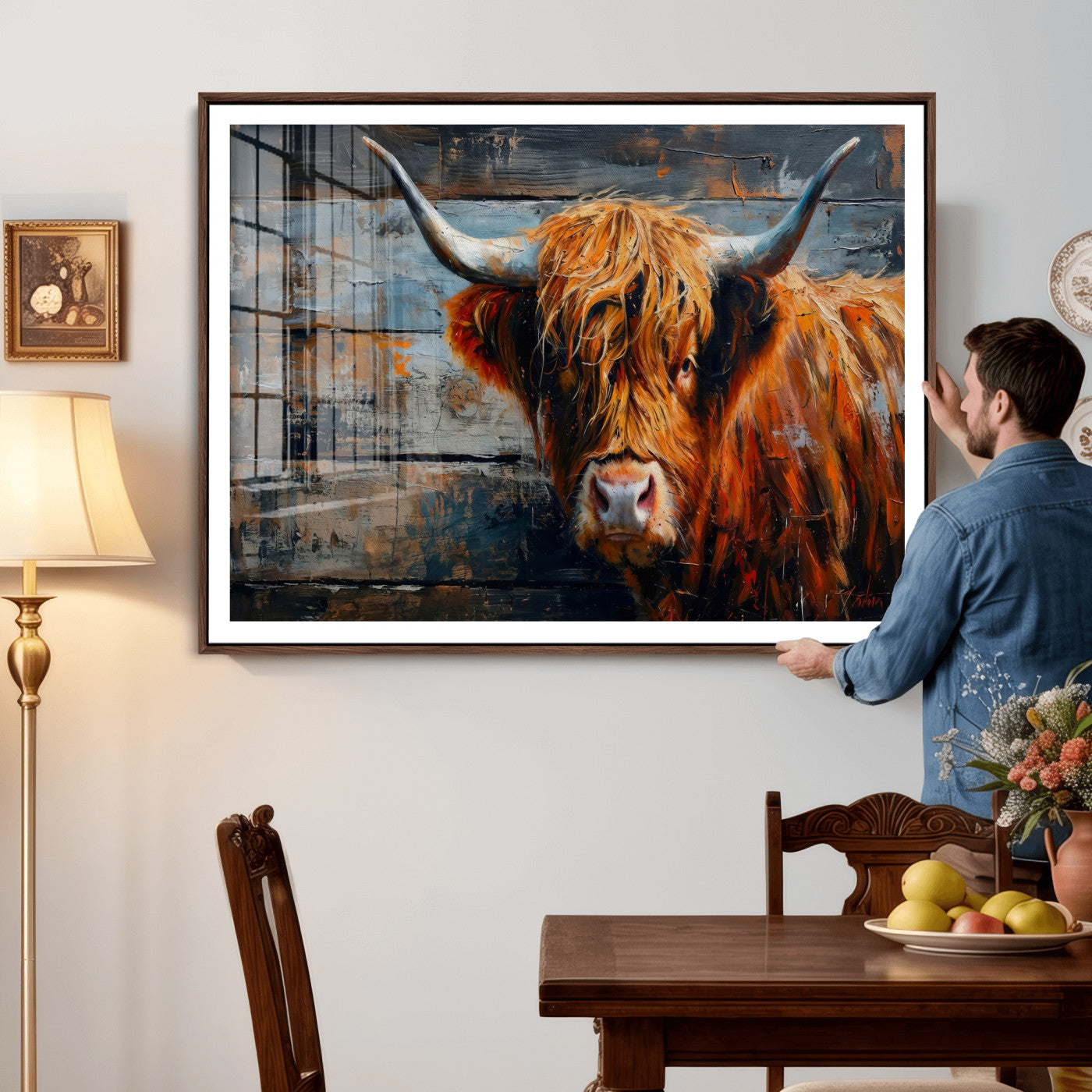 90271423-MGV-CV-36X24 - Highland Cow Wall Art Canvas Print, Abstract Rustic Farm Animal Wall Art Print, Framed Wall Art Ready to Hang