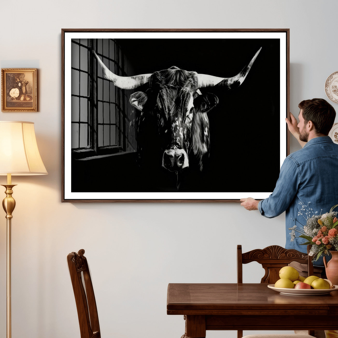 21436434-MGV-CV-36X24 - Black Bull Wall Art Canvas Print, Dark Longhorn Portrait Photography, Framed Wall Art Ready to Hang