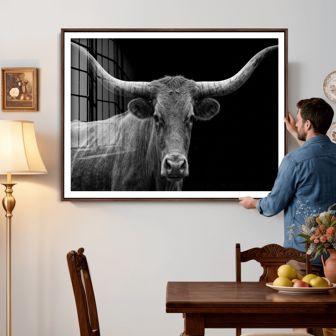 32601430-MGV-CV-36X24 - Texas Longhorn Bull Wall Art Canvas Print, Cow Portrait Photography, Framed Wall Art Ready to Hang