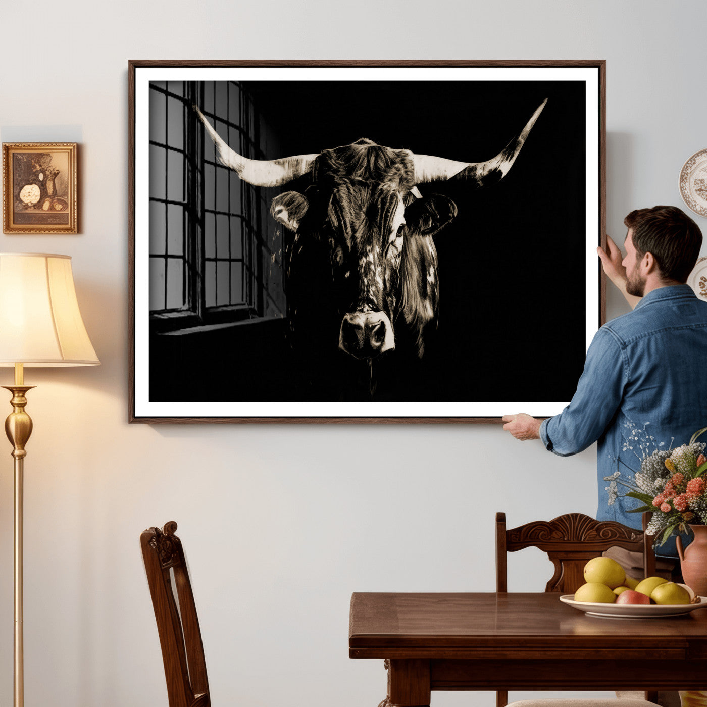 75774468-MGV-CV-36X24 - Black Bull Wall Art Canvas Print, Dark Longhorn Portrait Photography, Framed Wall Art Ready to Hang