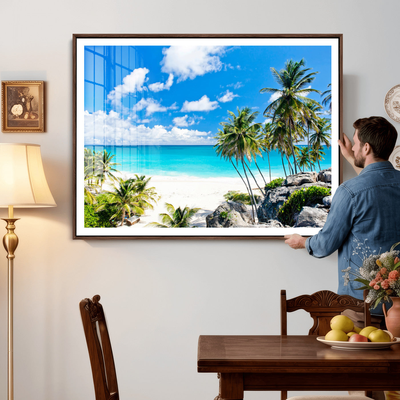 29232878-MGV-CV-36X24 - Barbados Beach Wall Art Canvas Print, Palm Tree Ocean Landscape, Turquoise Sea Coastal Photography, Tropical Island Wall Decor, Framed Ready to Hang