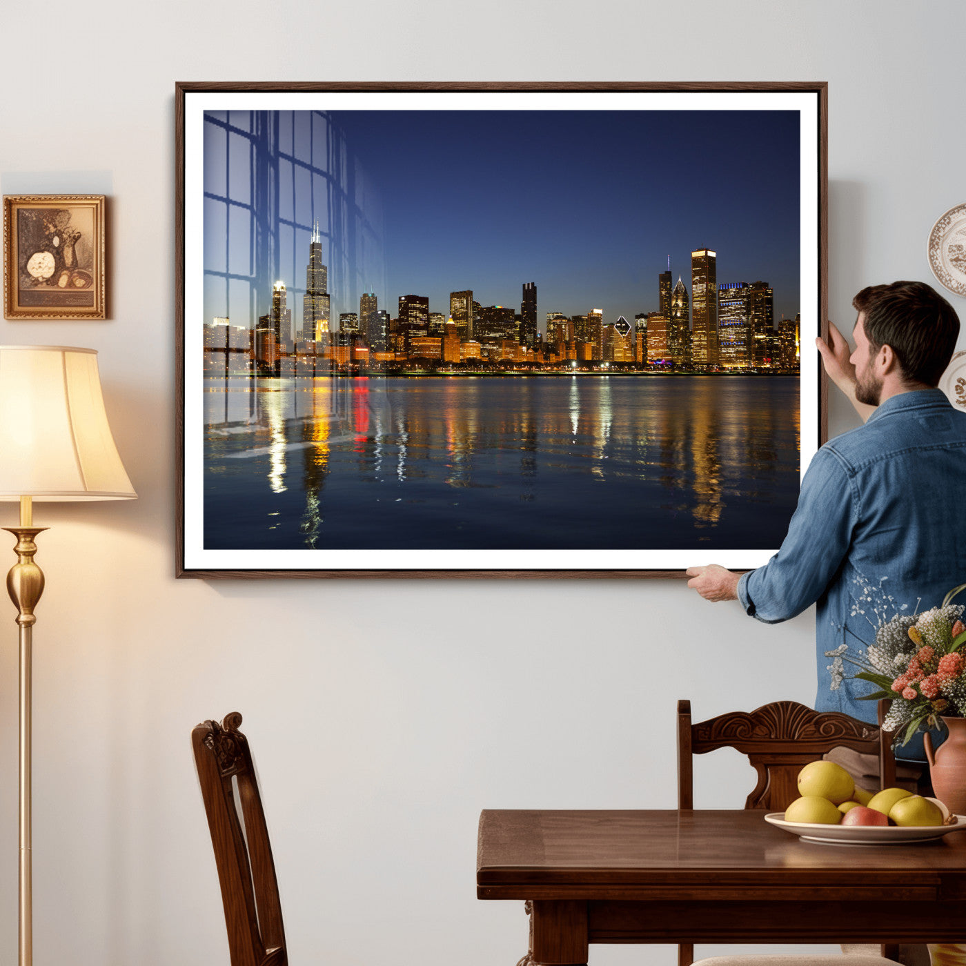 67308035-MGV-CV-36X24 - Chicago Wall Art Canvas Print, Chicago City Downtown Night Cityscape Print for Modern Urban Wall Decor