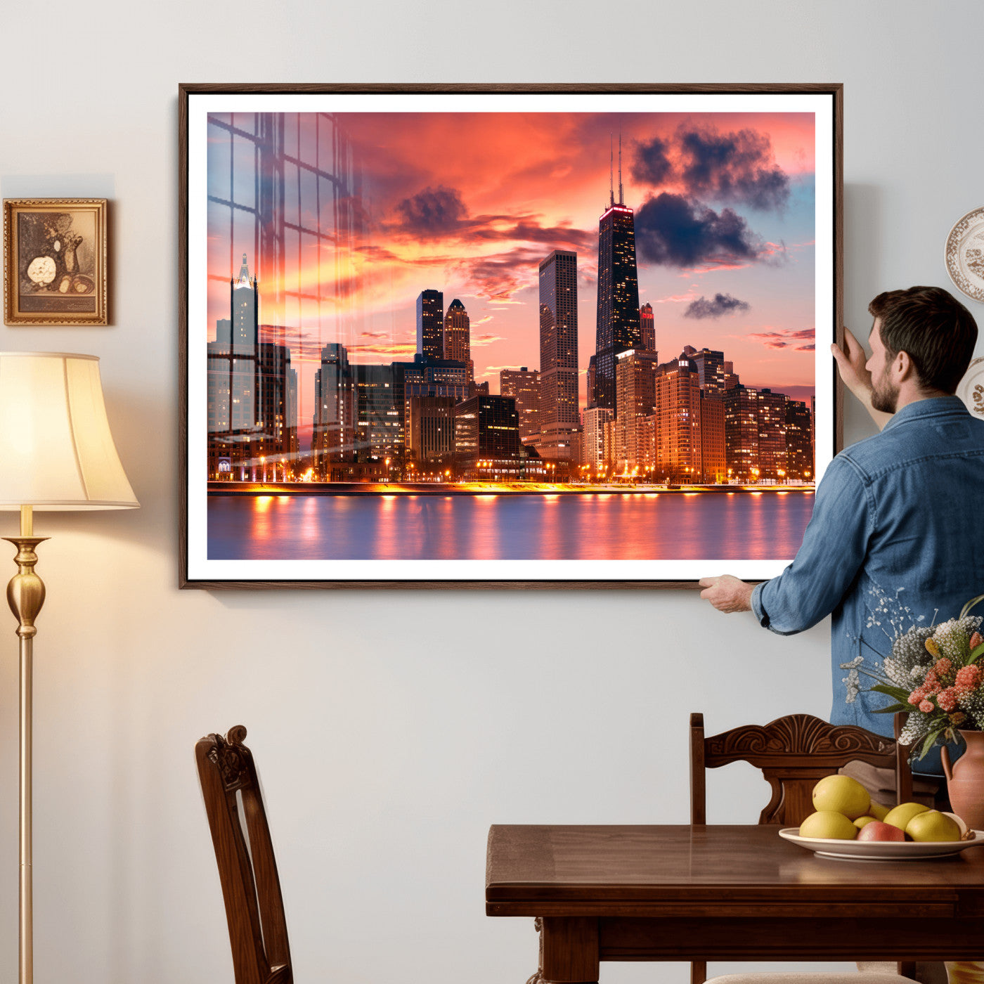 80390109-MGV-CV-36X24 - Chicago Wall Art Canvas Print, Chicago City Downtown Night Cityscape Print for Modern Urban Wall Decor