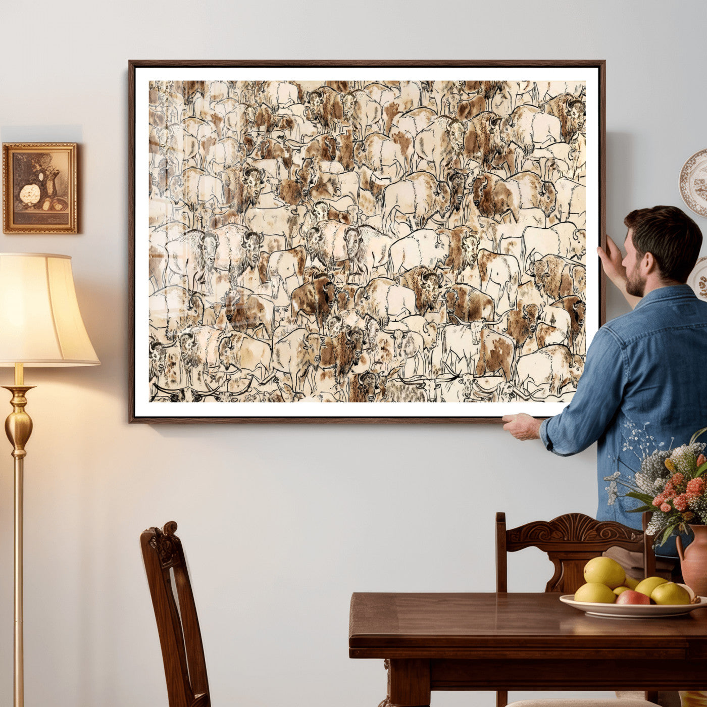 50142019-MGV-CV-36X24 - Farmhouse Animals Wall Art Canvas Print - Abstract Farm Animal Drawing Mid-Century Wall Art for Cabin Decor