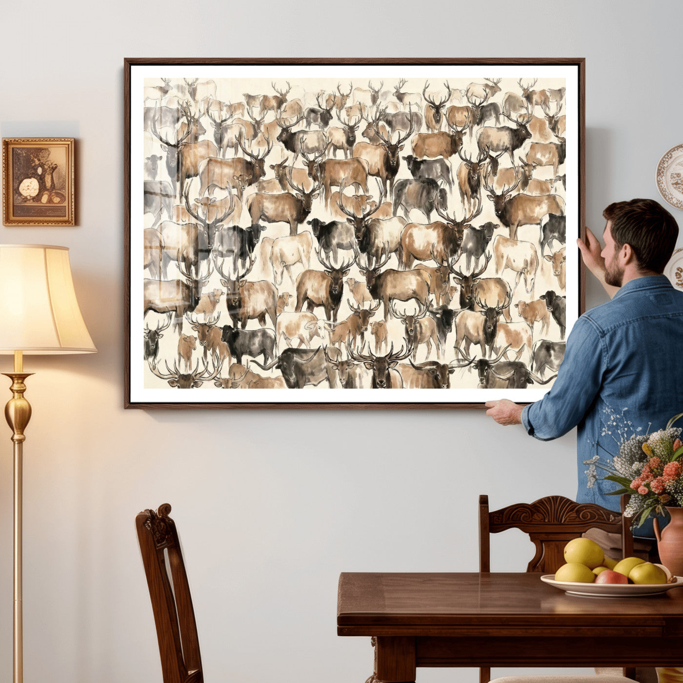 24374881-MGV-CV-36X24 - Farmhouse Animals Wall Art Canvas Print - Abstract Farm Animal Drawing Mid-Century Wall Art for Cabin Decor