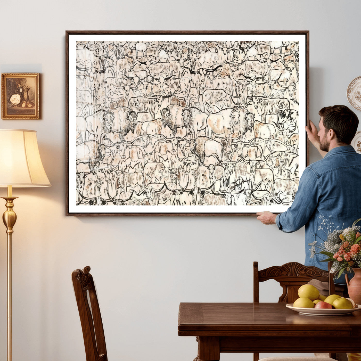 36925875-MGV-CV-36X24 - Farmhouse Animals Wall Art Canvas Print - Abstract Farm Animal Drawing Mid-Century Wall Art for Cabin Decor