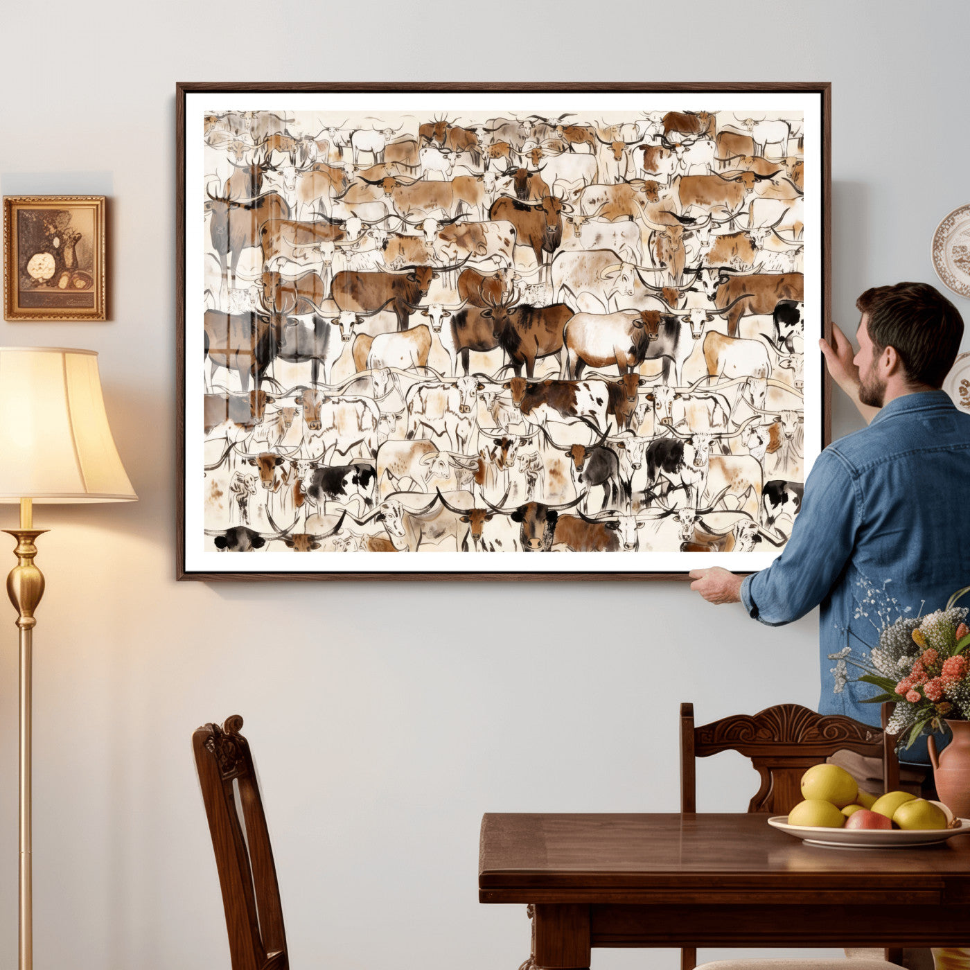 81416572-MGV-CV-36X24 - Farmhouse Animals Wall Art Canvas Print - Abstract Farm Animal Drawing Mid-Century Wall Art for Cabin Decor