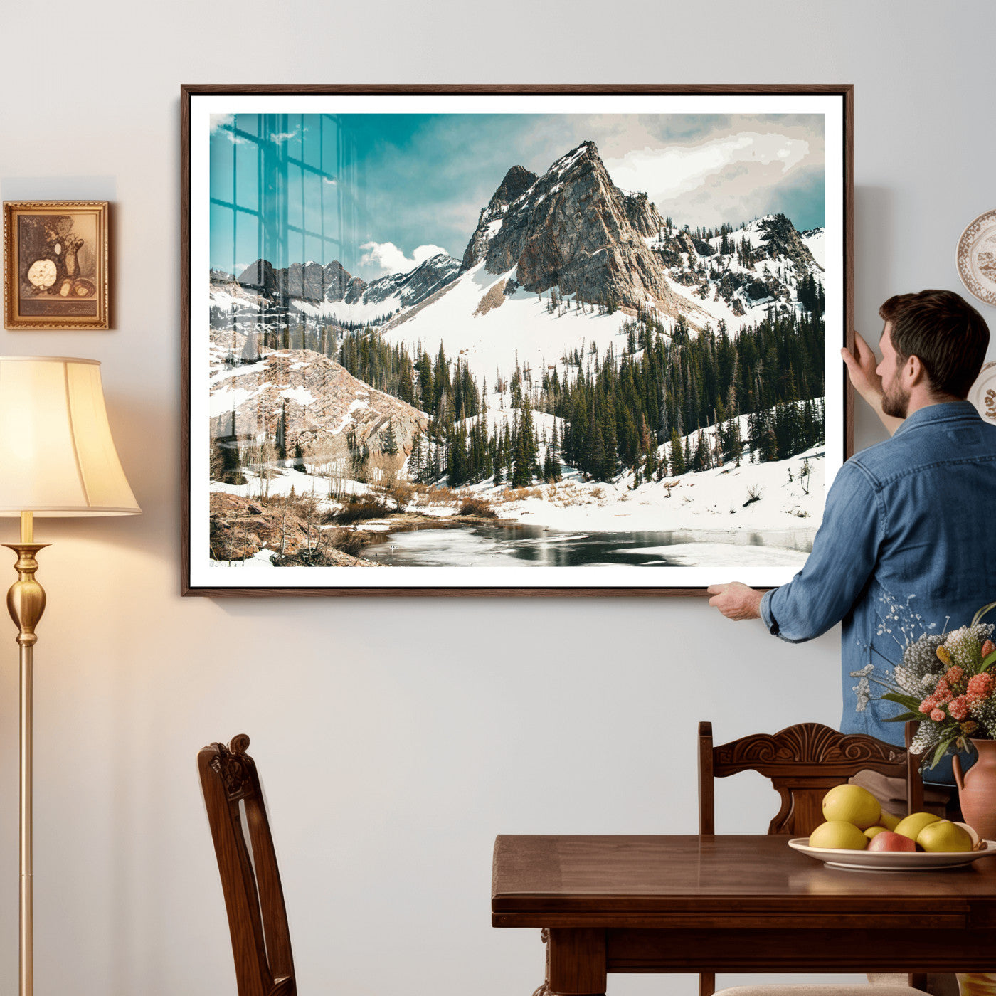 56837070-MGV-CV-36X24 - Snowy Mountain Landscape Wall Art Canvas Print, Alpine Pine Forest Winter Nature Wall Decor for Living Room and Office