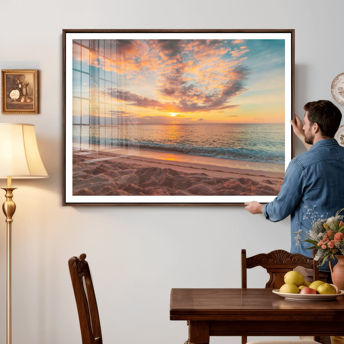47151409-MGV-CV-36X24 - Sunset Beach Walk Wall Art Canvas Print – Soft Coastal Photography Artwork Print for Bedroom, Living Room, and Serene Home Decor