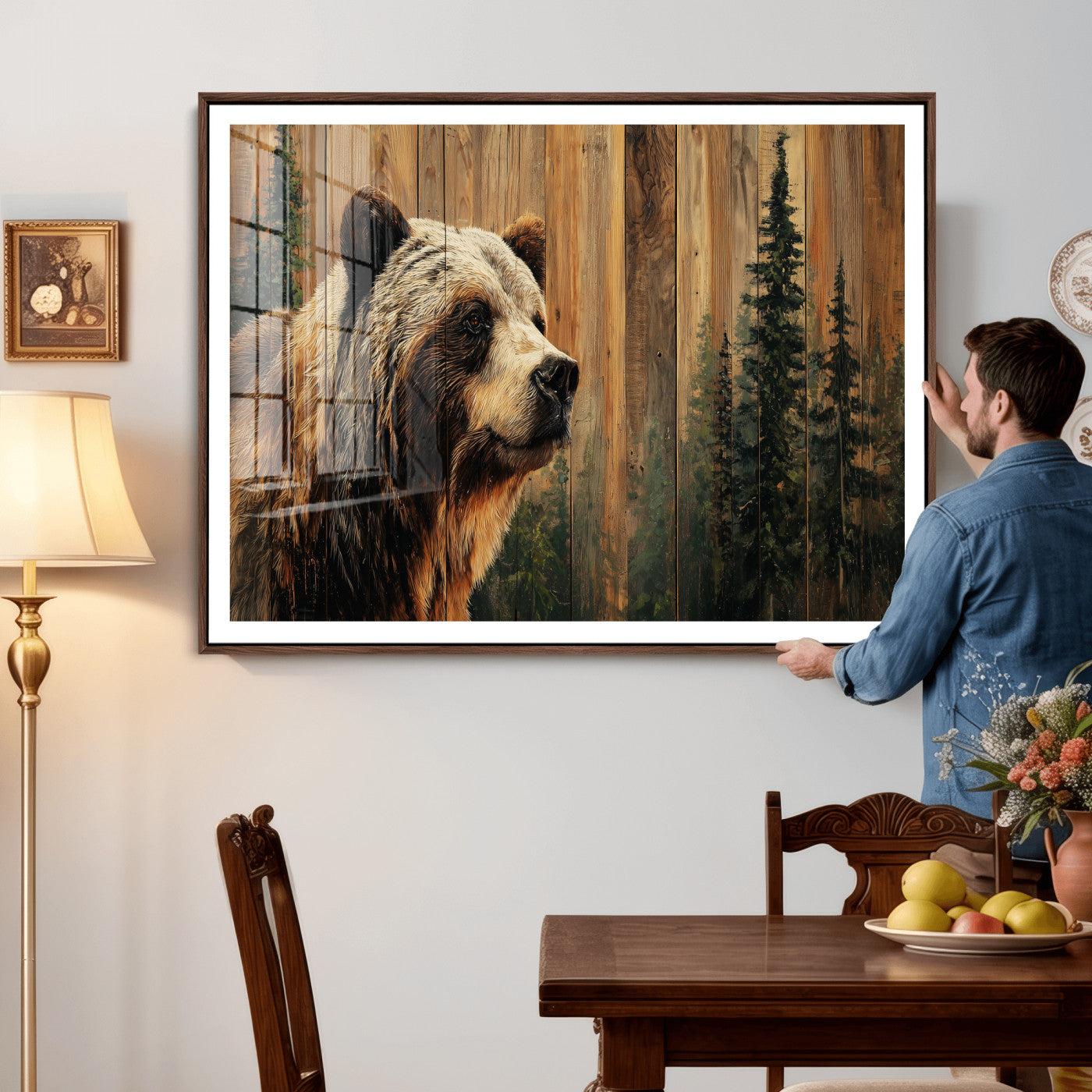 75645180-MGV-CV-36X24 - Grizzly Bear Wall Art Canvas Print, Rustic Wildlife Bear Artwork, Forest Animal Painting, Cabin Lodge Nature Wall Decor
