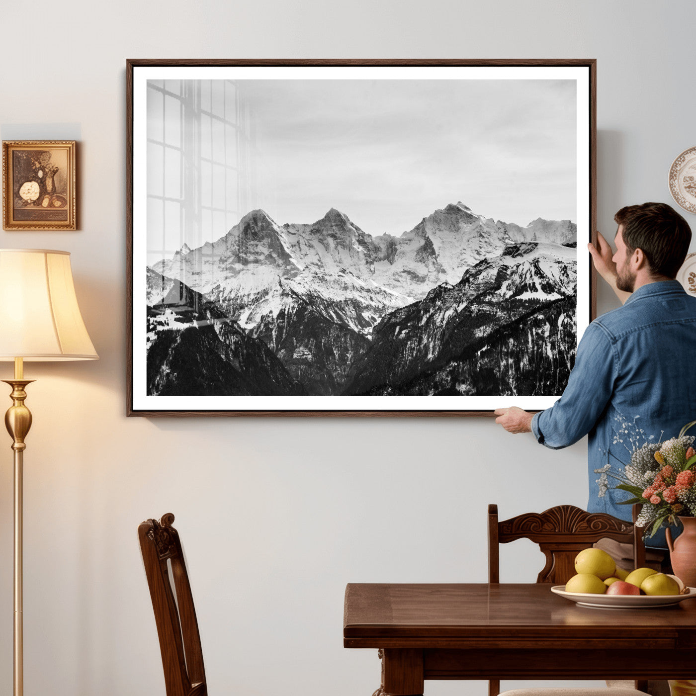 85684934-MGV-CV-36X24 - Black and White Mountain Wall Art Canvas Print, Snowy Alpine Peaks Landscape Photography, Minimal Monochrome Mountain Art, Scenic Nature Wall Decor