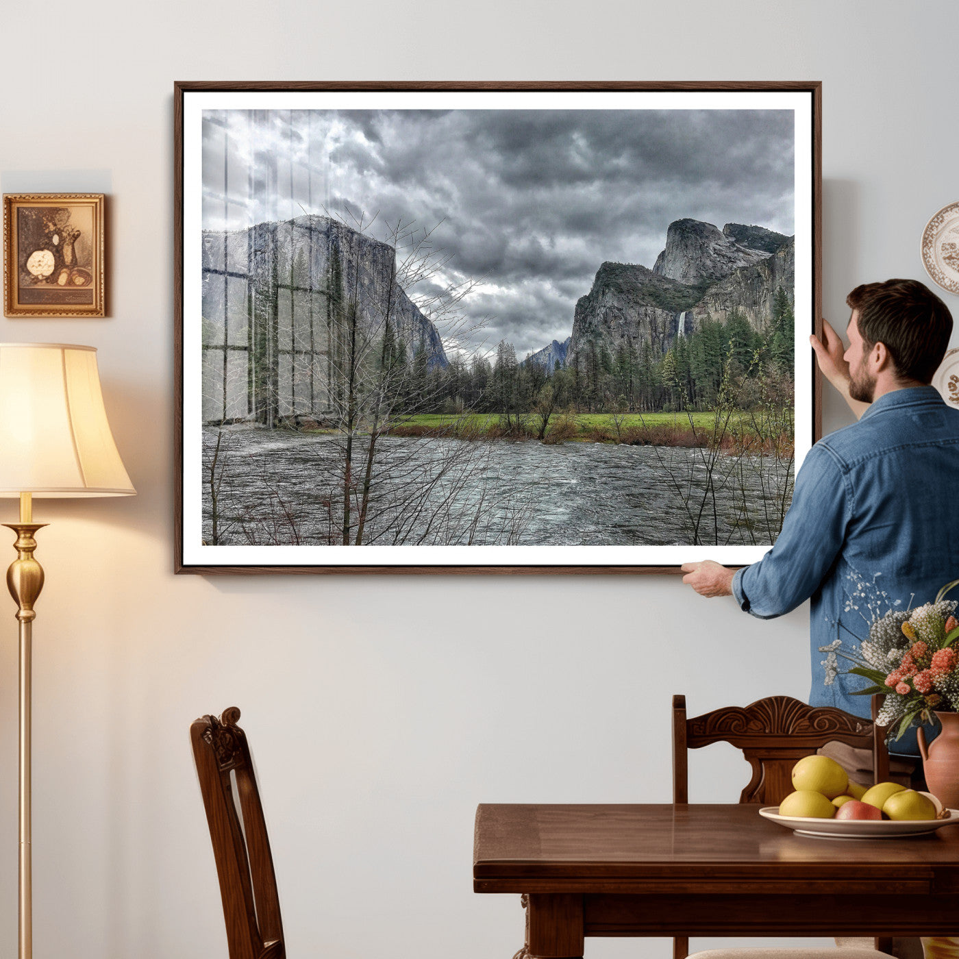 75582552-MGV-CV-36X24 - Yosemite Valley River Landscape Wall Art Canvas Print, Granite Cliffs Forest River Canvas Print, California National Park Moody Scenic Art Printi