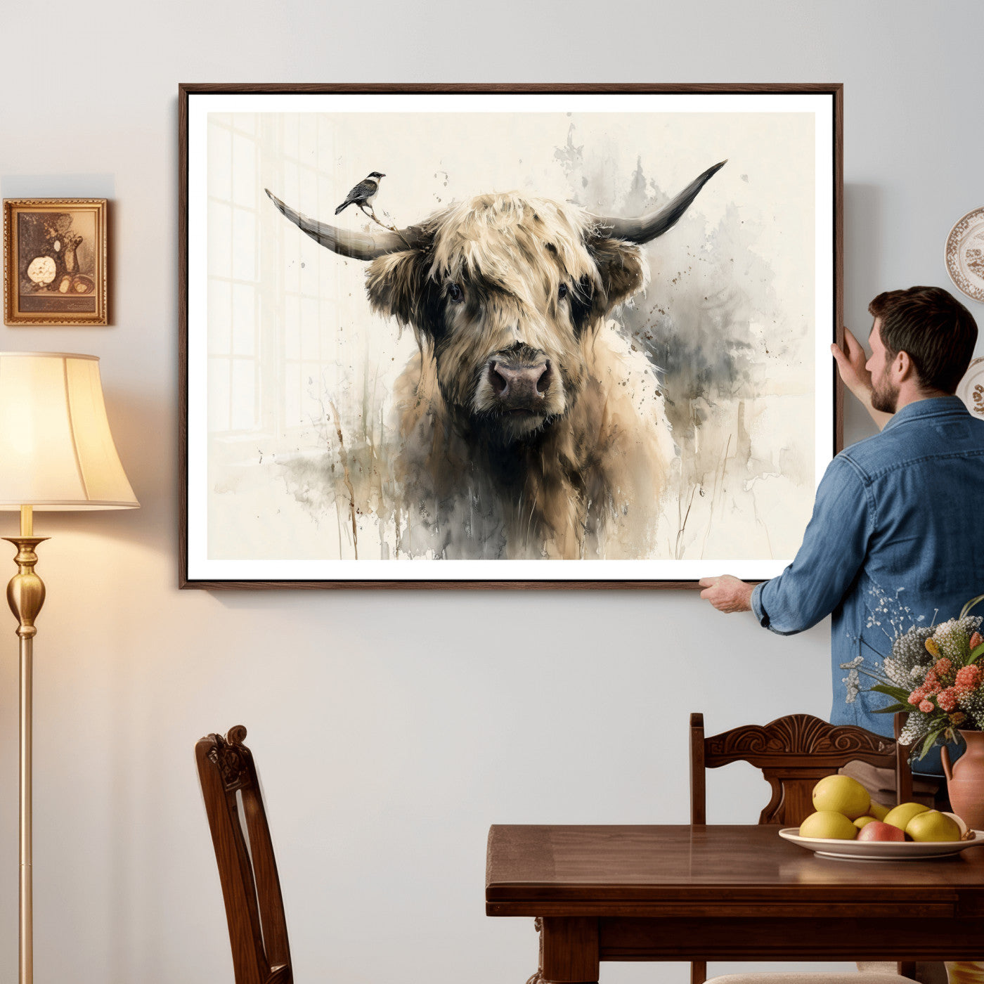 98249290-MGV-CV-36X24 - Abstract Highland Cow Watercolor Animal Wall Art Canvas Print, Rustic Farm Cattle Portrait Canvas Print, Neutral Wildlife Farmhouse Art Printing