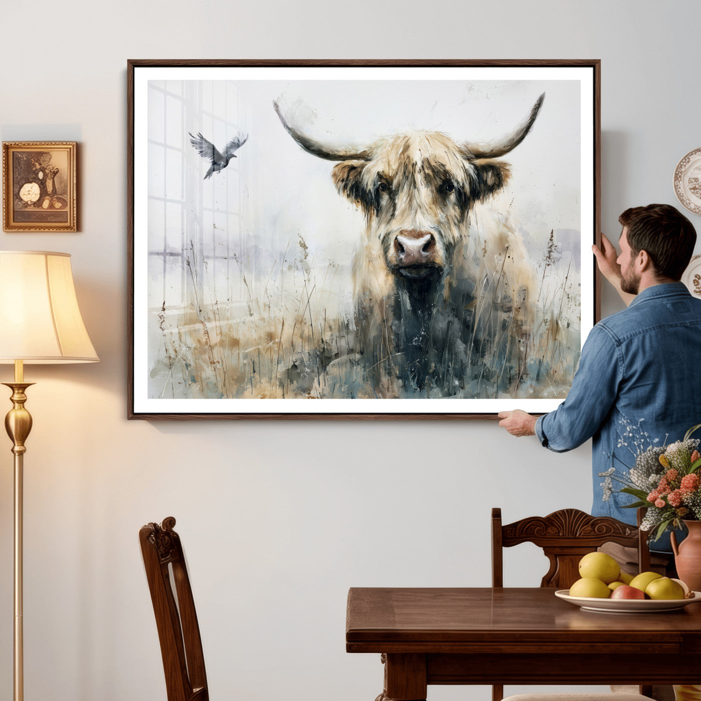 55652651-MGV-CV-36X24 - Abstract Highland Cow Watercolor Animal Wall Art Canvas Print, Rustic Farm Cattle Portrait Canvas Print, Neutral Wildlife Farmhouse Art Printing