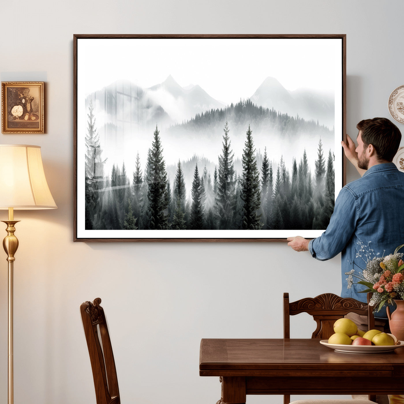 38819032-MGV-CV-36X24 - Misty Pine Forest Mountain Landscape Wall Art Canvas Print, Foggy Evergreen Trees Minimal Nature Canvas Print, Monochrome Wilderness Scenic Art Printing