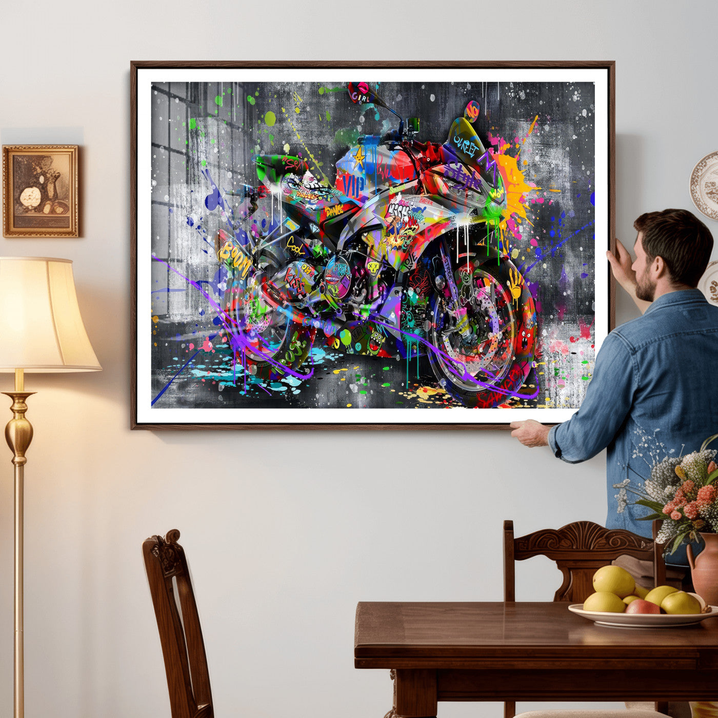 83021767-MGV-CV-36X24 - Graffiti Motorcycle Wall Art Canvas Print, Urban Street Art Motorbike Decor, Colorful Graffiti Sports Bike Artwork